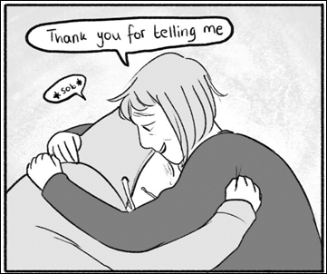 A cartoon of a person hugging a pillow

Description automatically generated